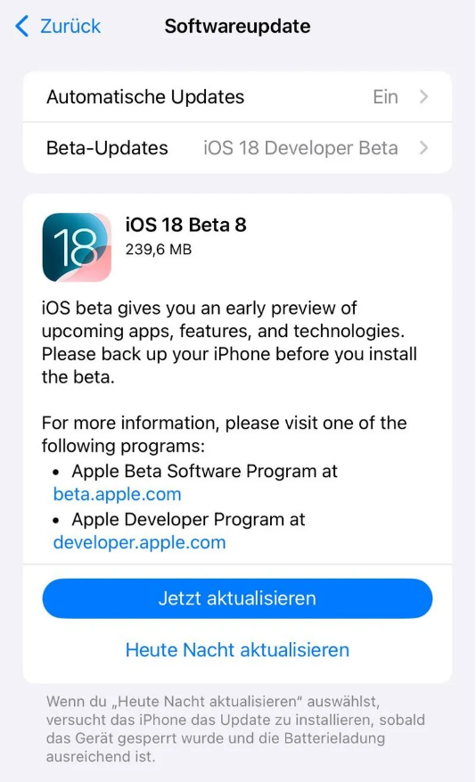 耒阳苹果手机维修分享苹果 iOS / iPadOS 18 开发者预览版 Beta 8 发布 